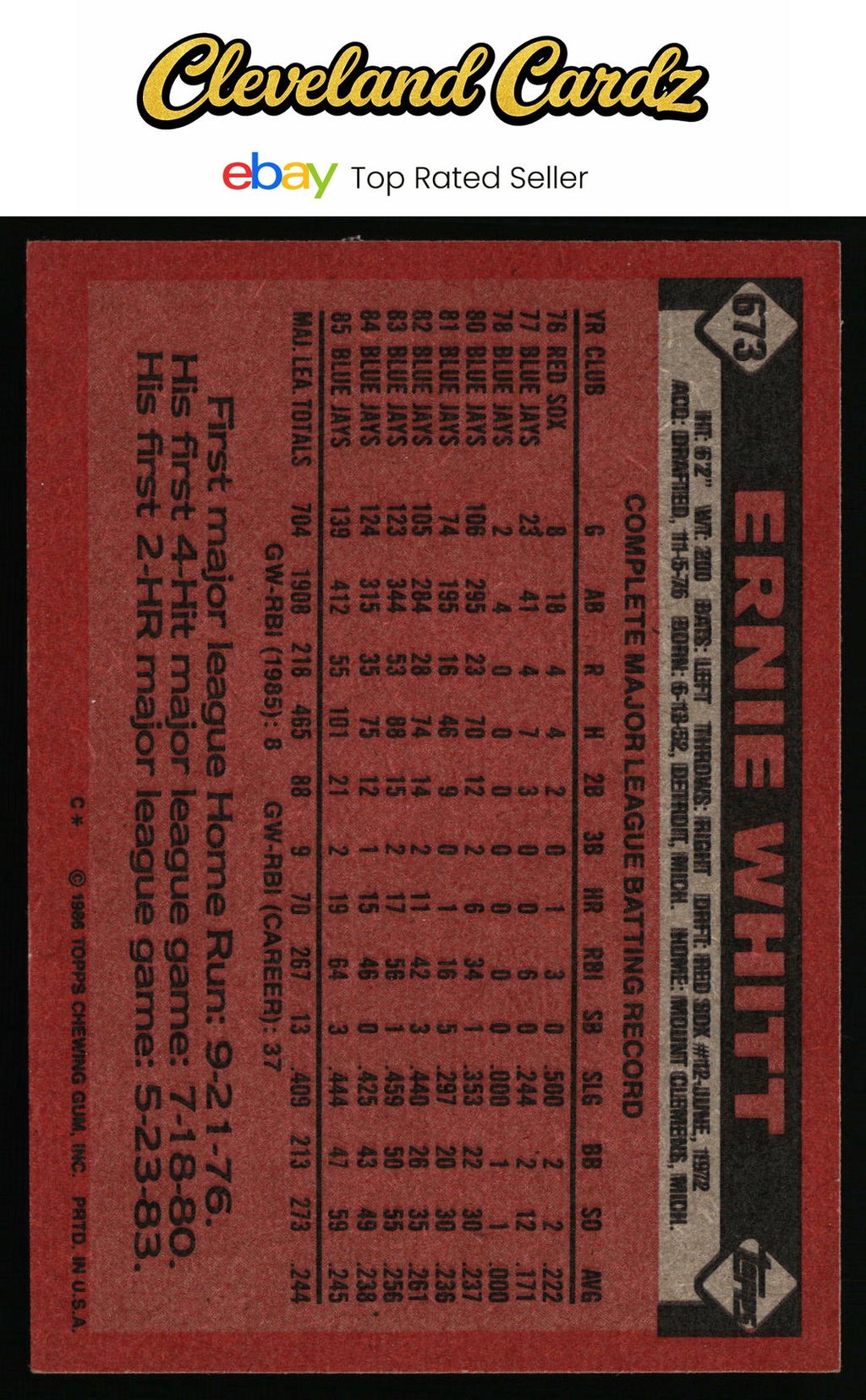 1986 Topps #673 Ernie Whitt
