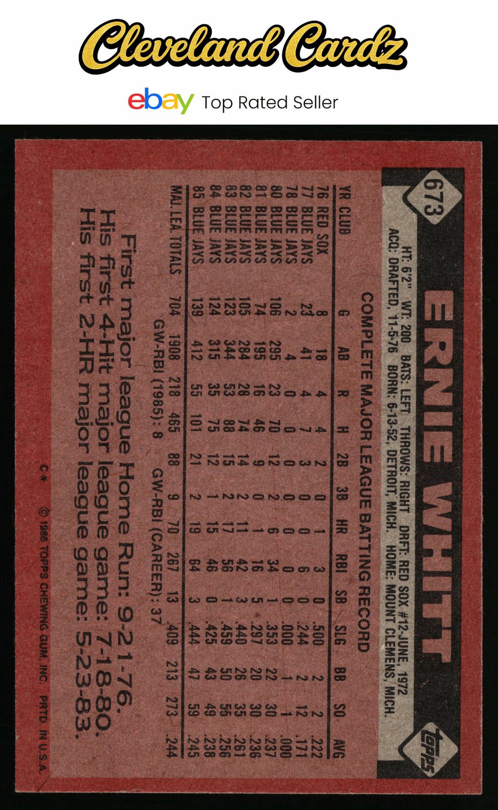 1986 Topps #673 Ernie Whitt