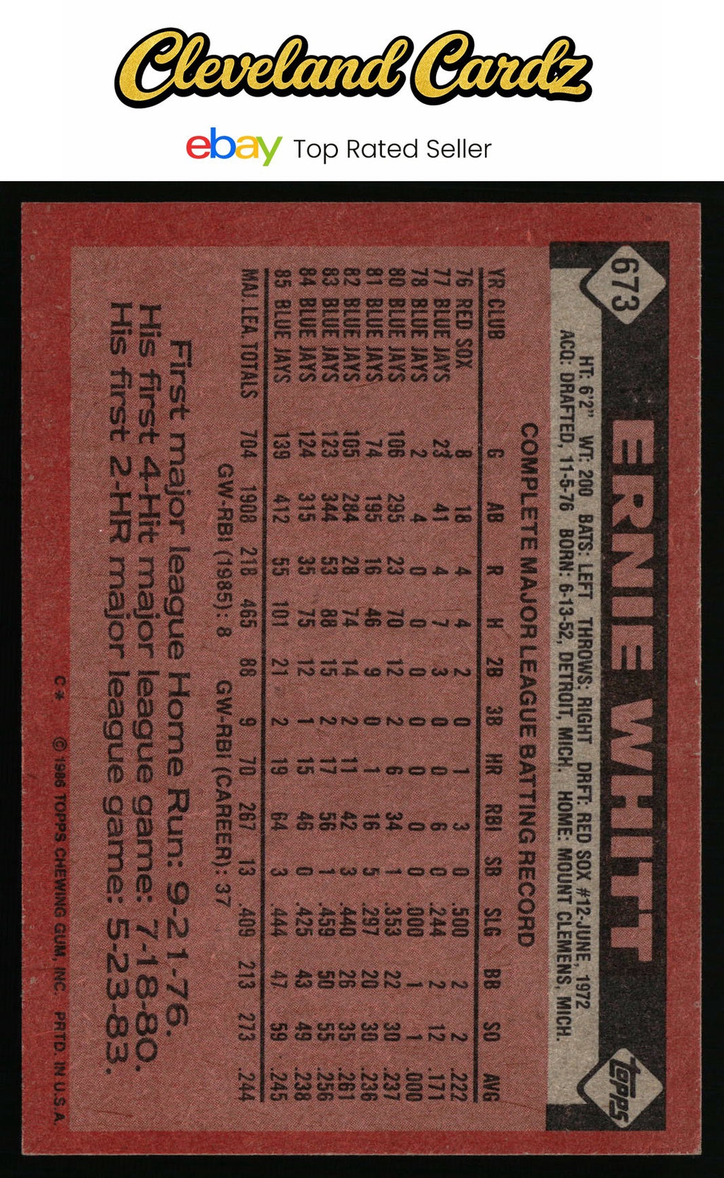 1986 Topps #673 Ernie Whitt