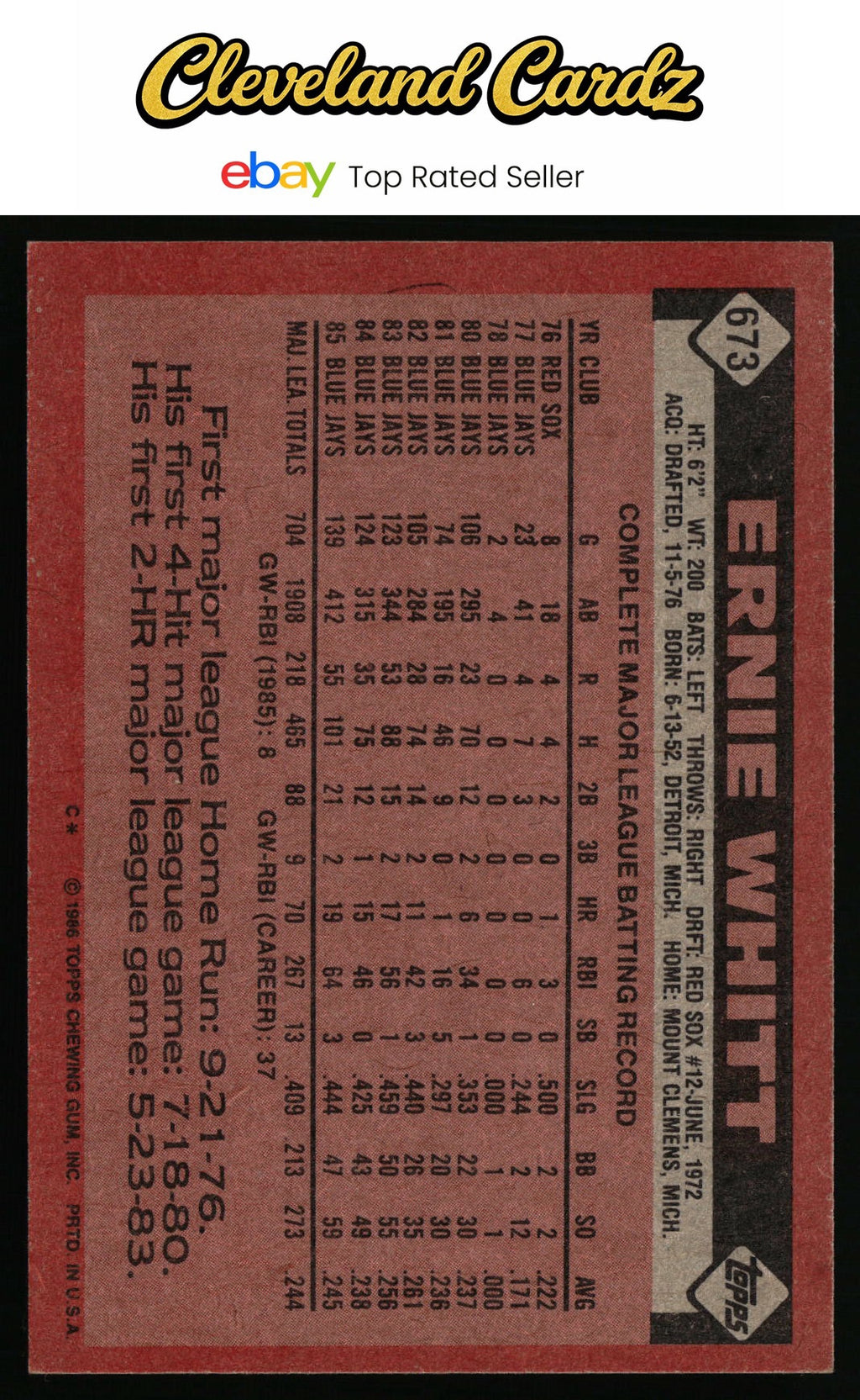1986 Topps #673 Ernie Whitt