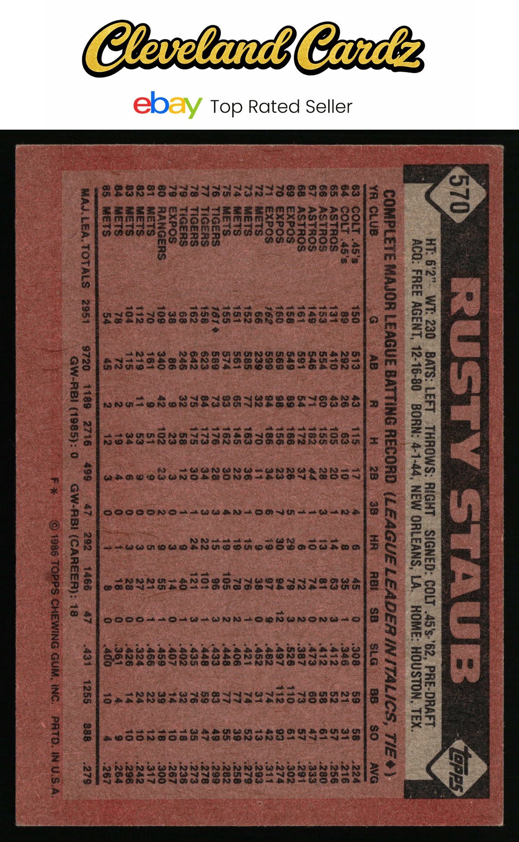 1986 Topps #570 Rusty Staub