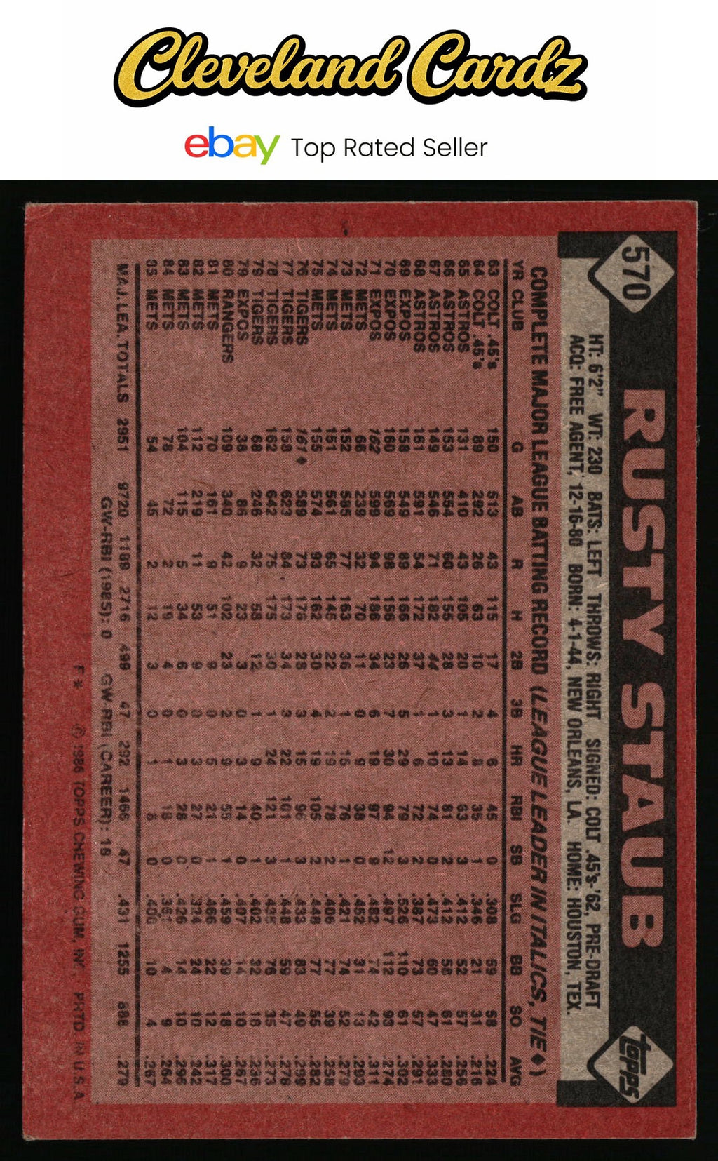 1986 Topps #570 Rusty Staub