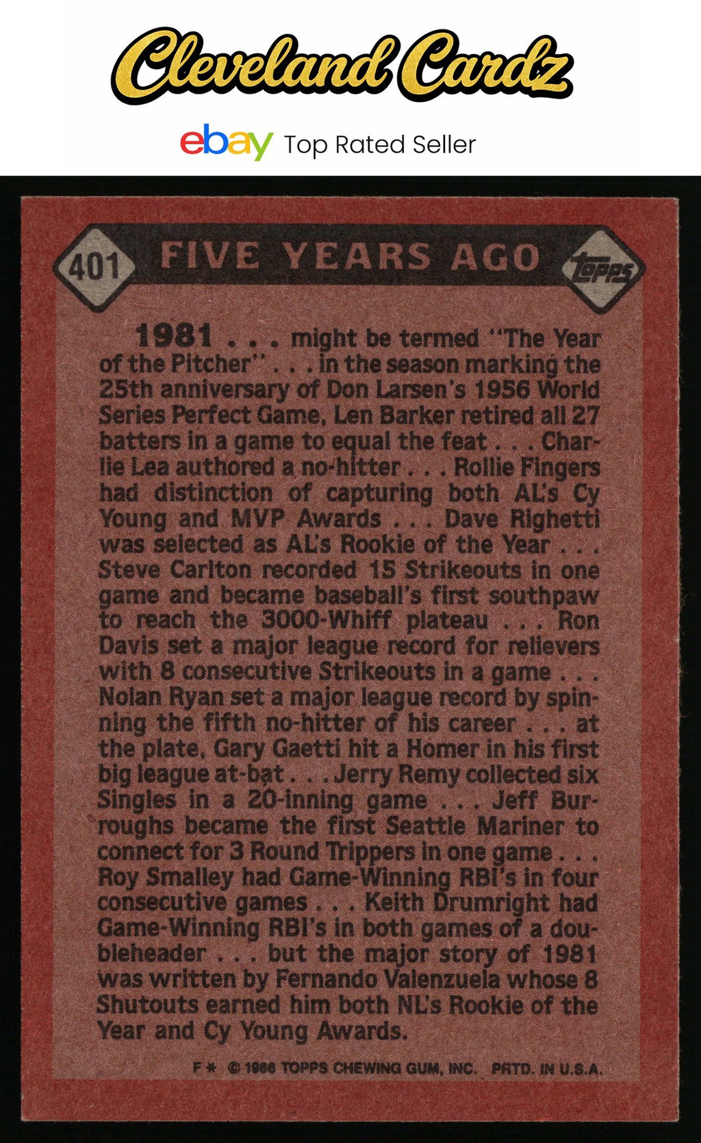1986 Topps #401 Fernando Valenzuela
