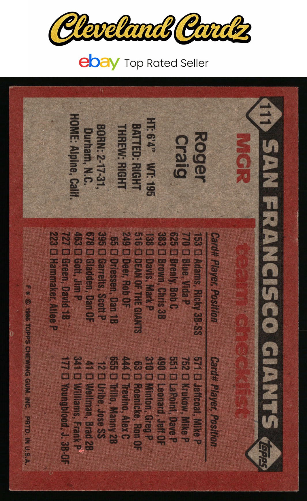 1986 Topps #111 Roger Craig