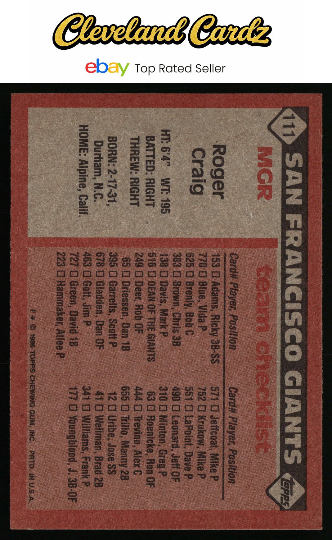 1986 Topps #111 Roger Craig