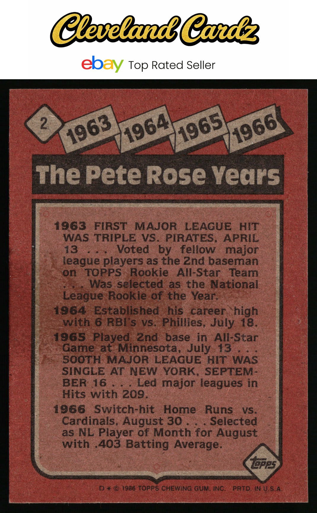 1986 Topps #2 The Pete Rose Years: 1963-1966 TPRY