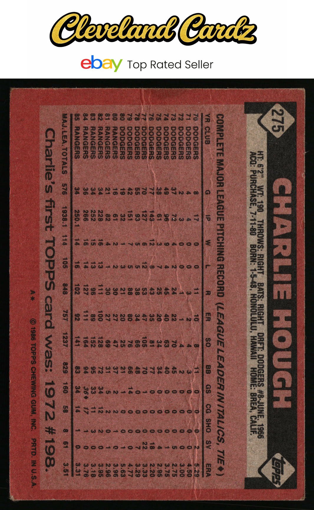 1986 Topps #275 Charlie Hough