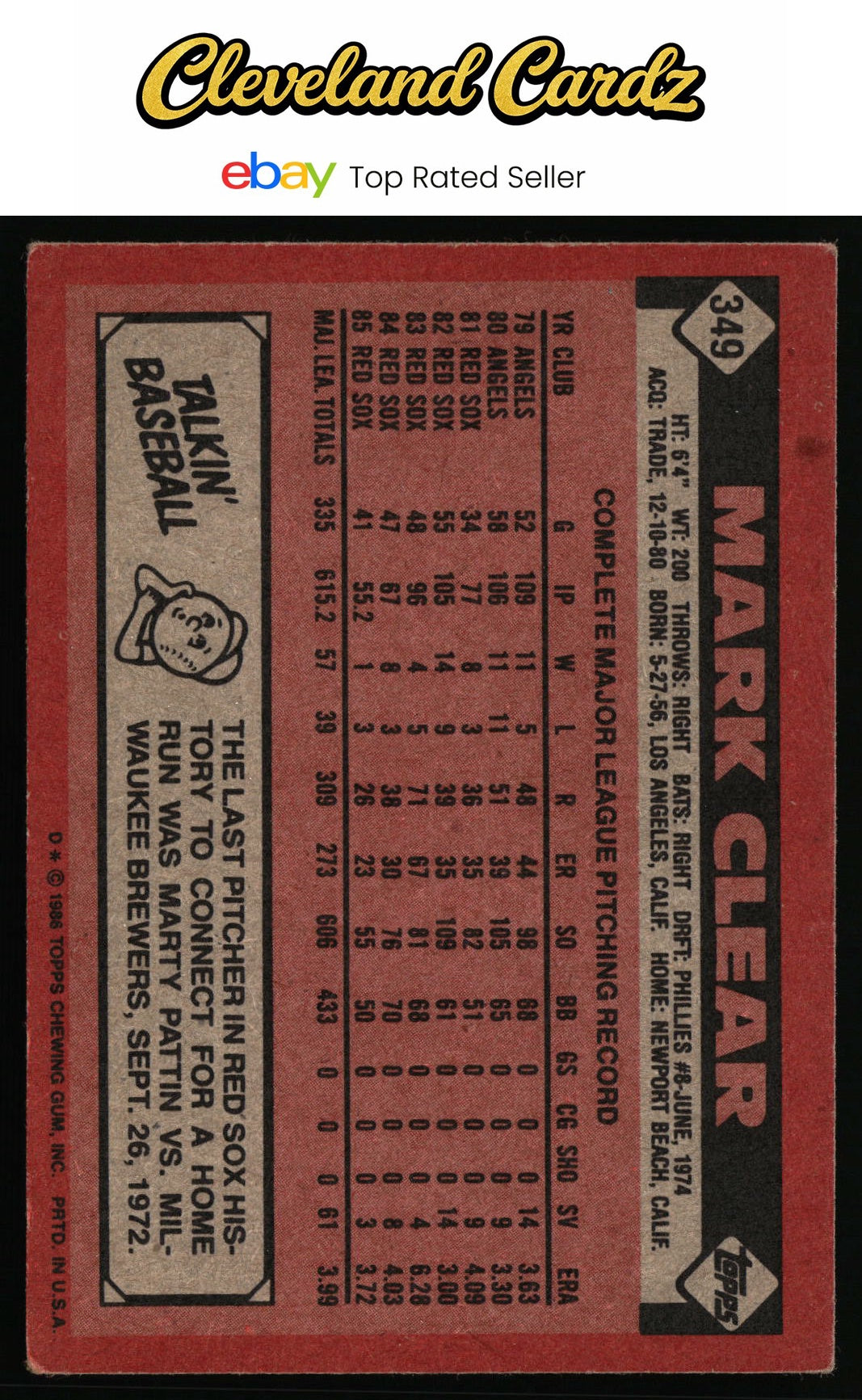 1986 Topps #349 Mark Clear