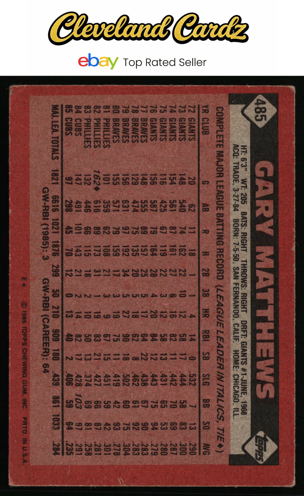 1986 Topps #485 Gary Matthews