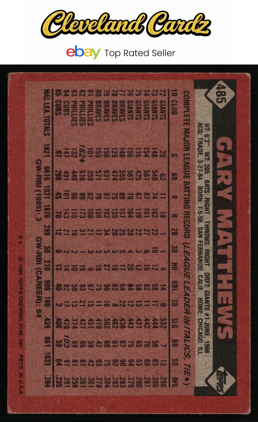 1986 Topps #485 Gary Matthews