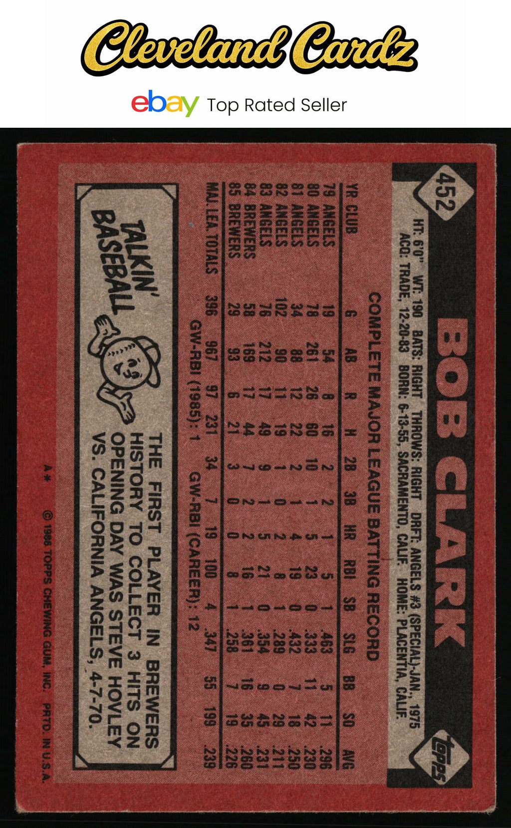 1986 Topps #452 Bobby Clark
