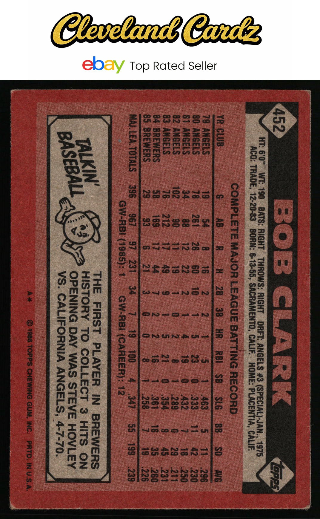1986 Topps #452 Bobby Clark