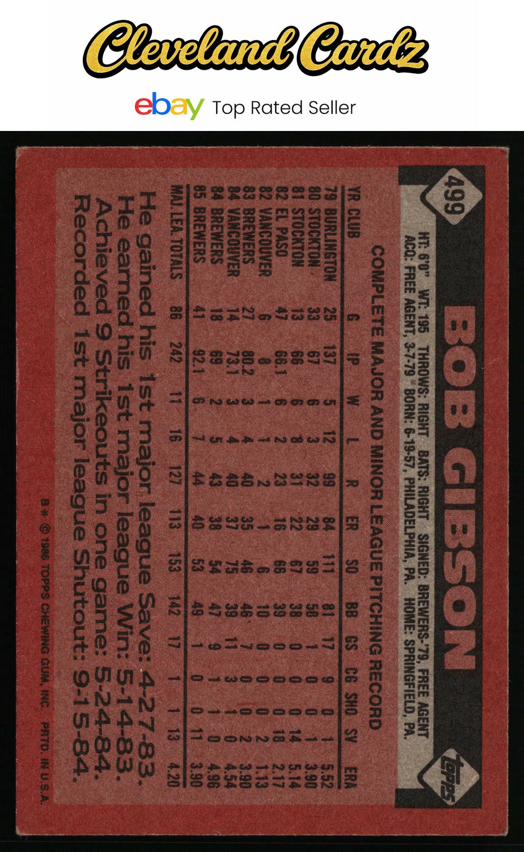 1986 Topps #499 Bob Gibson