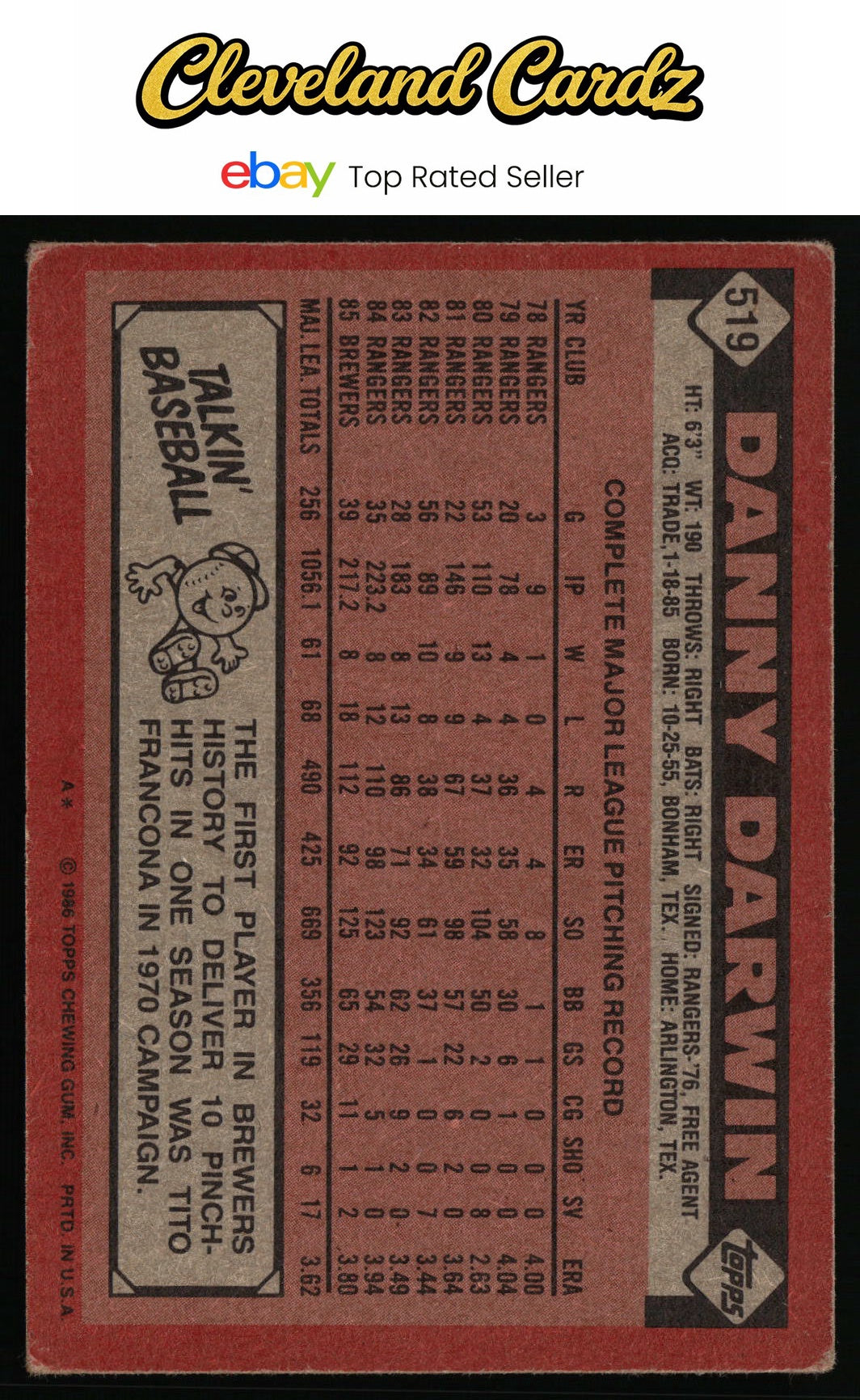 1986 Topps #519 Danny Darwin