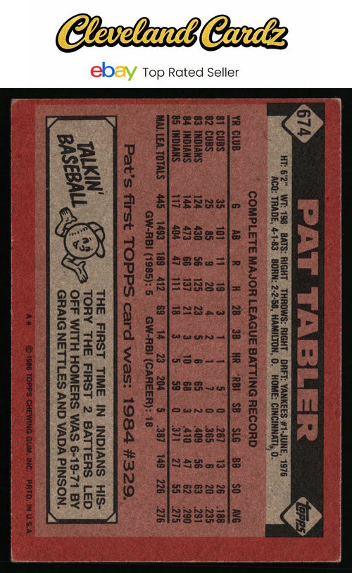 1986 Topps #674 Pat Tabler