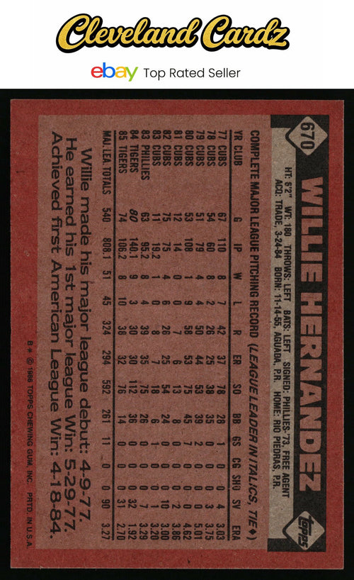 1986 Topps #670 Willie Hernandez