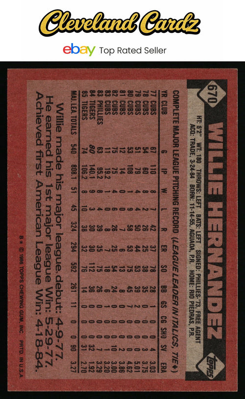 1986 Topps #670 Willie Hernandez