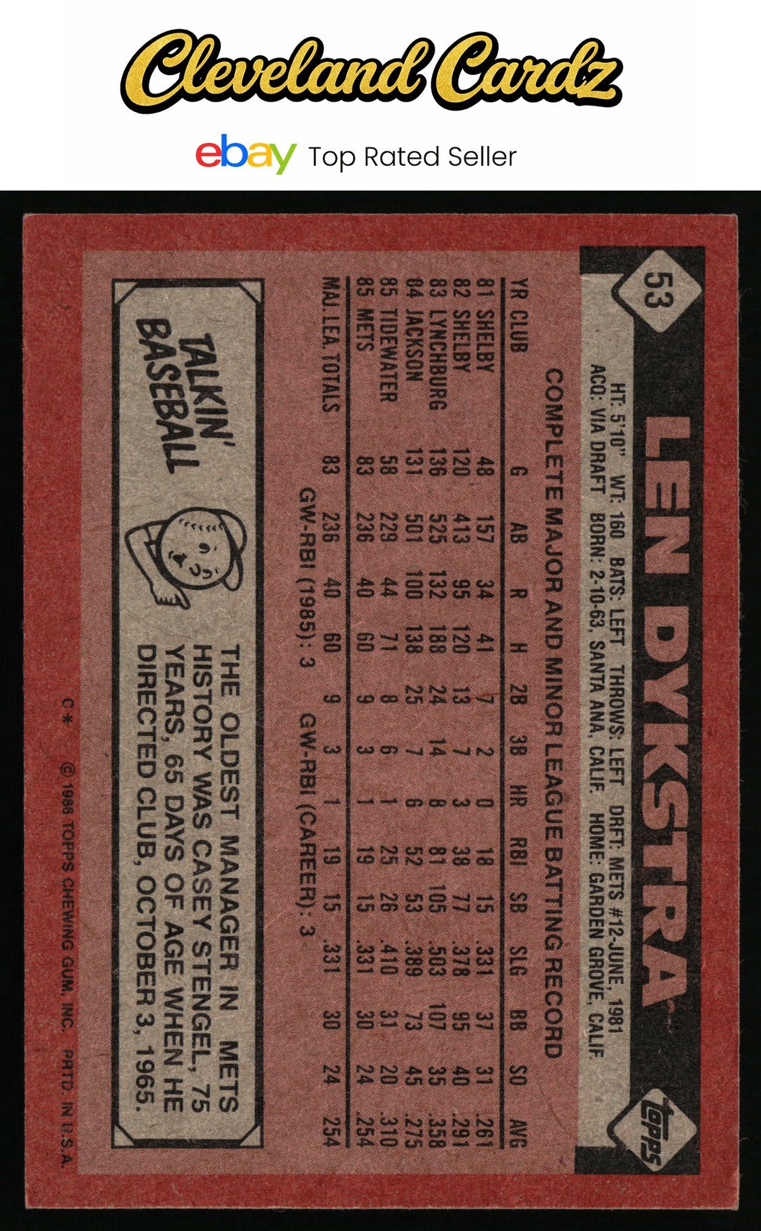 1986 Topps #53 Len Dykstra RC