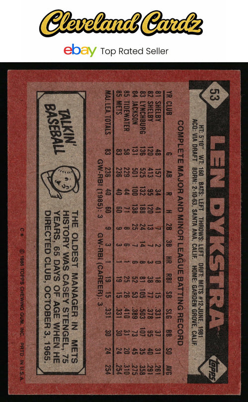 1986 Topps #53 Len Dykstra RC