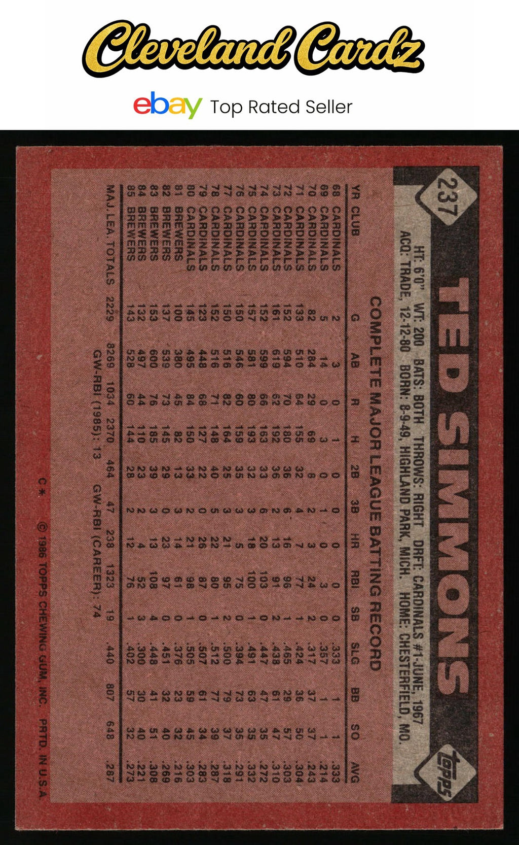 1986 Topps #237 Ted Simmons