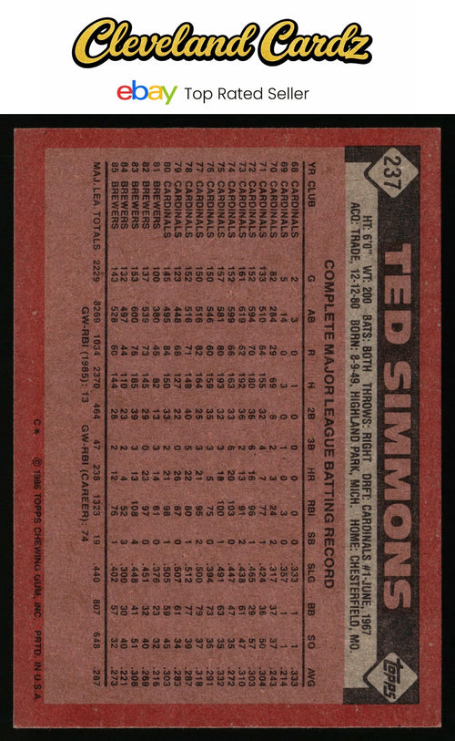 1986 Topps #237 Ted Simmons