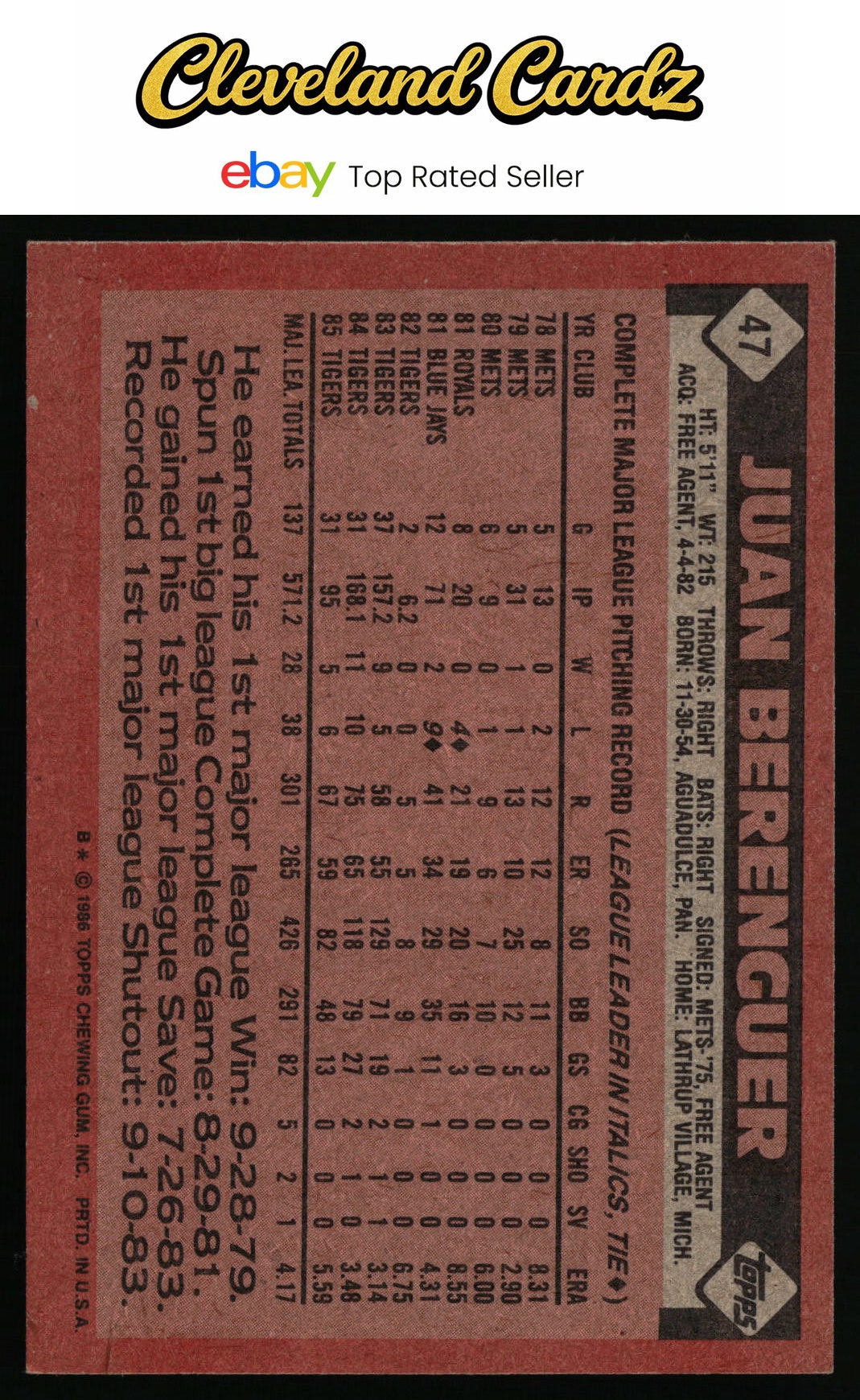 1986 Topps #47 Juan Berenguer