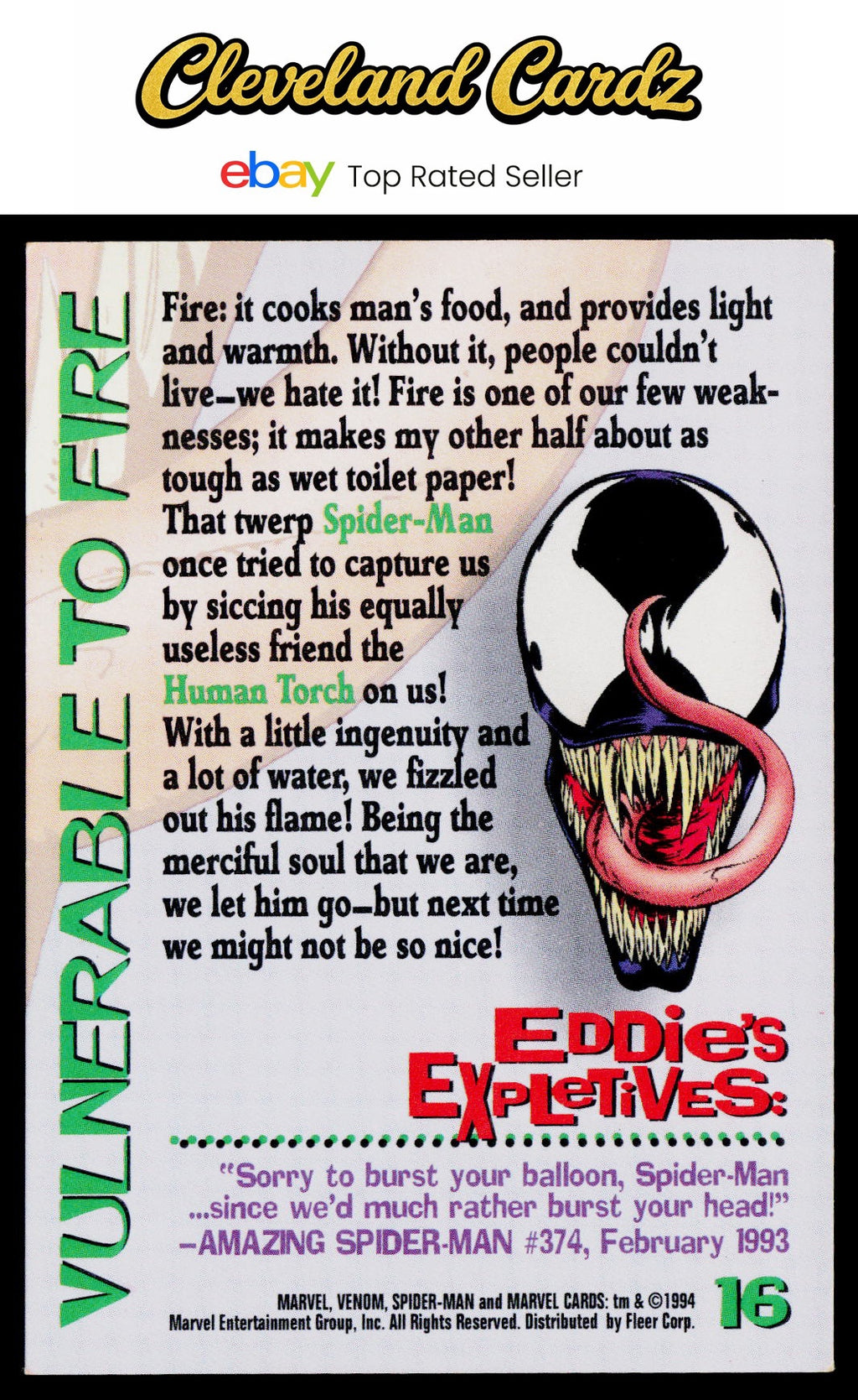1994 Fleer The Amazing Spider-Man #16 Vulnerable to Fire