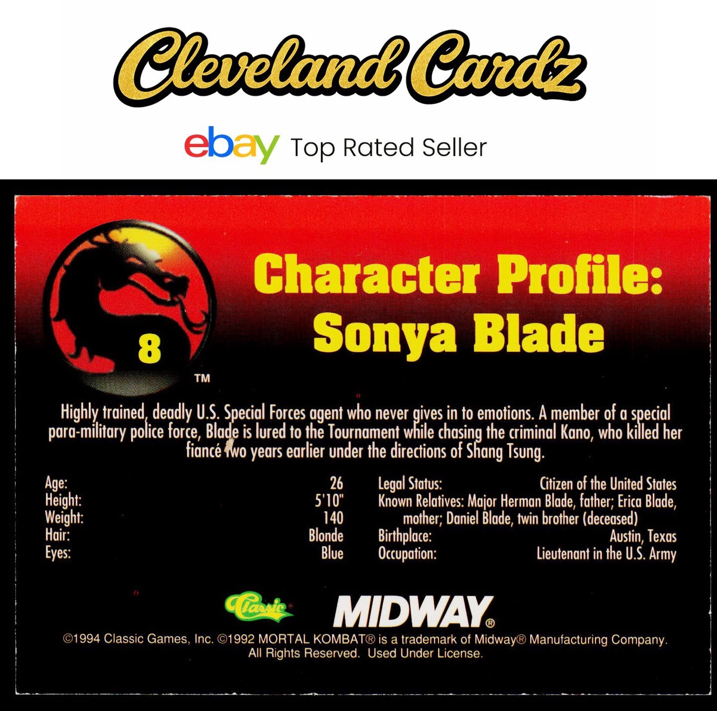 1994 Classic Mortal Kombat Series 1 #8 Sonya Blade VG+