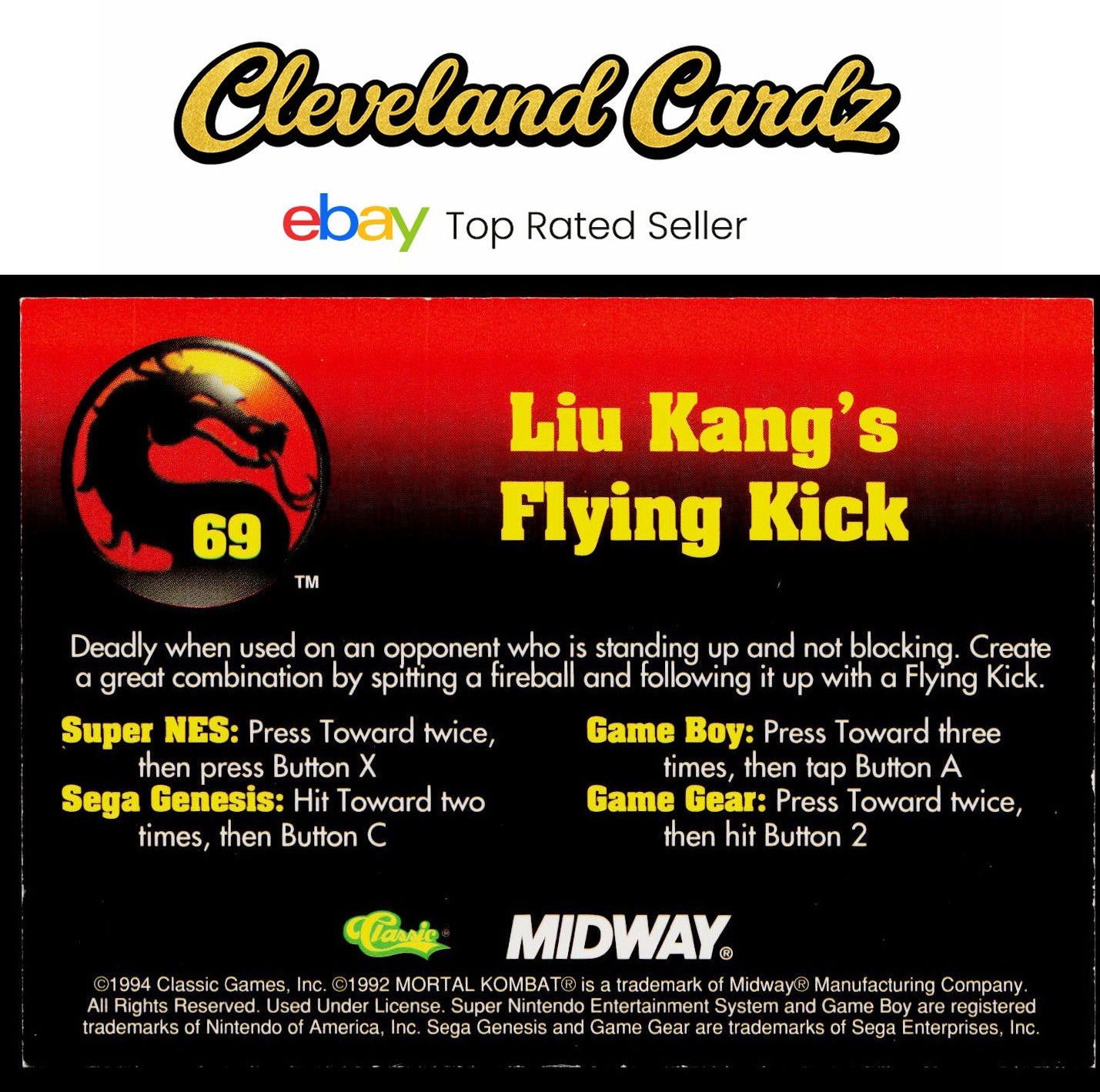 1994 Classic Mortal Kombat Series 1 #69 Liu Kang's Flying Kick VG+