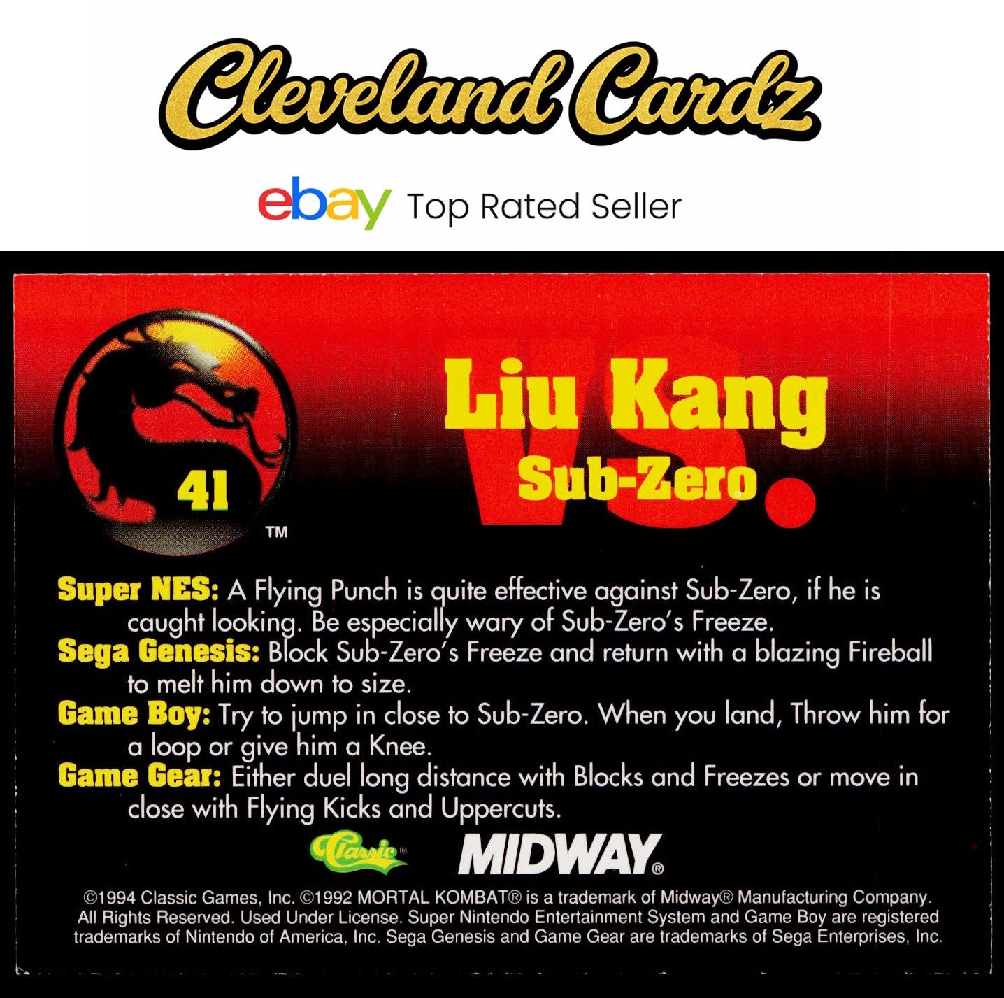1994 Classic Mortal Kombat Series 1 #41 Liu Kang vs. Sub-Zero VG+