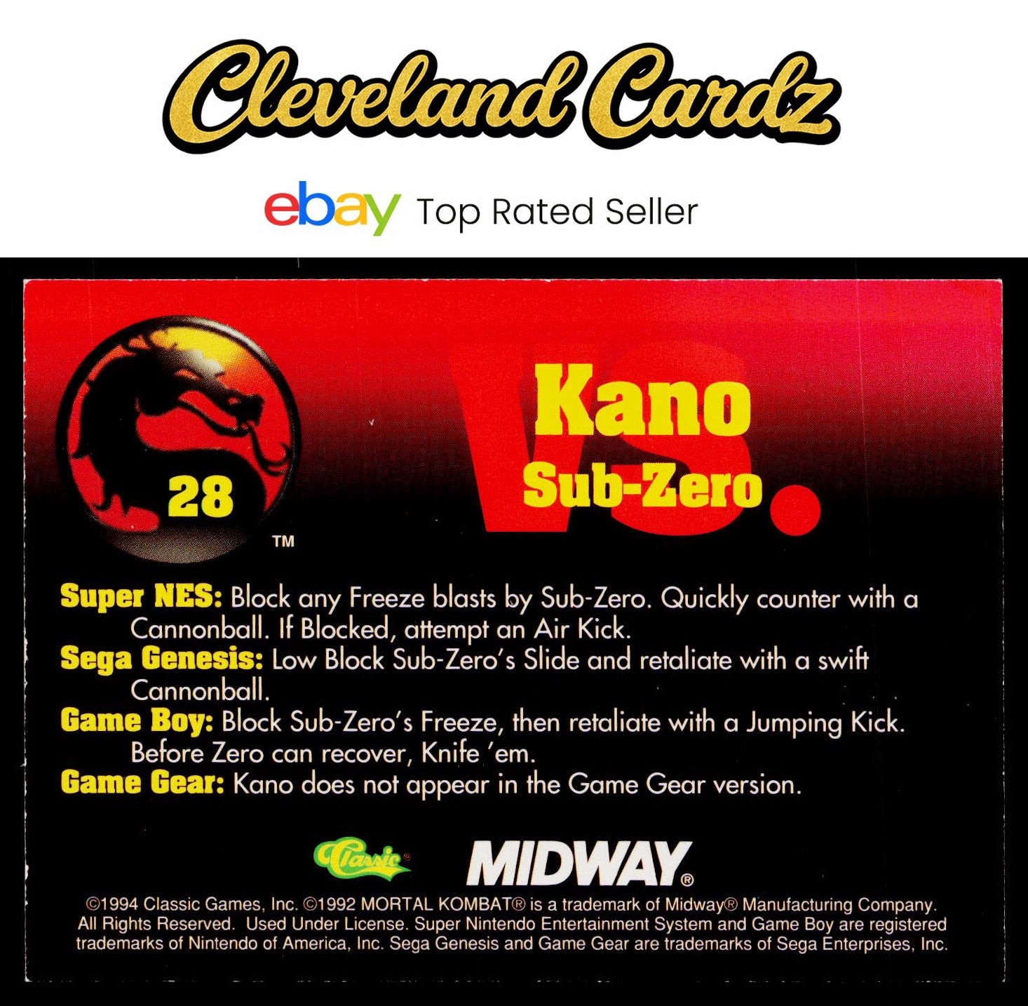 1994 Classic Mortal Kombat Series 1 #28 Kano vs. Sub-Zero VG+