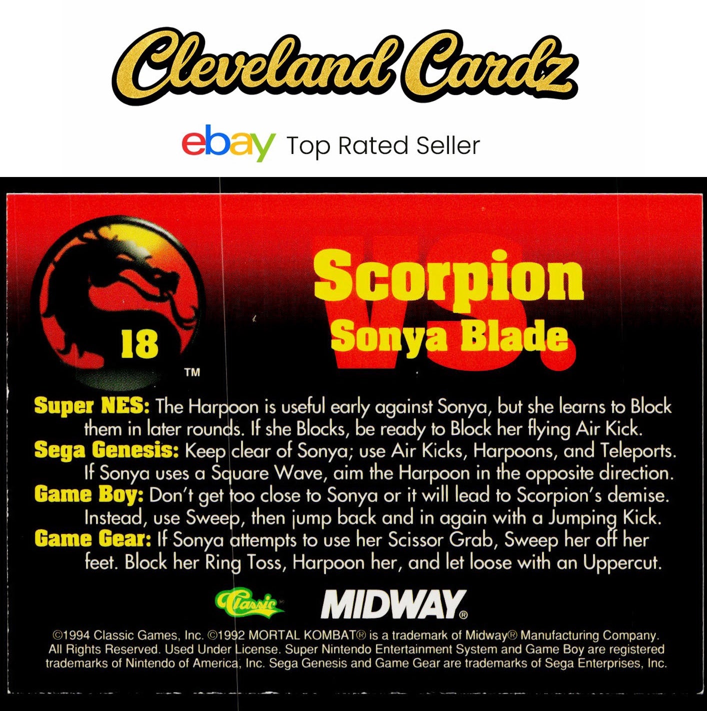 1994 Classic Mortal Kombat Series 1 #18 Scorpion vs. Sonya Blade VG+