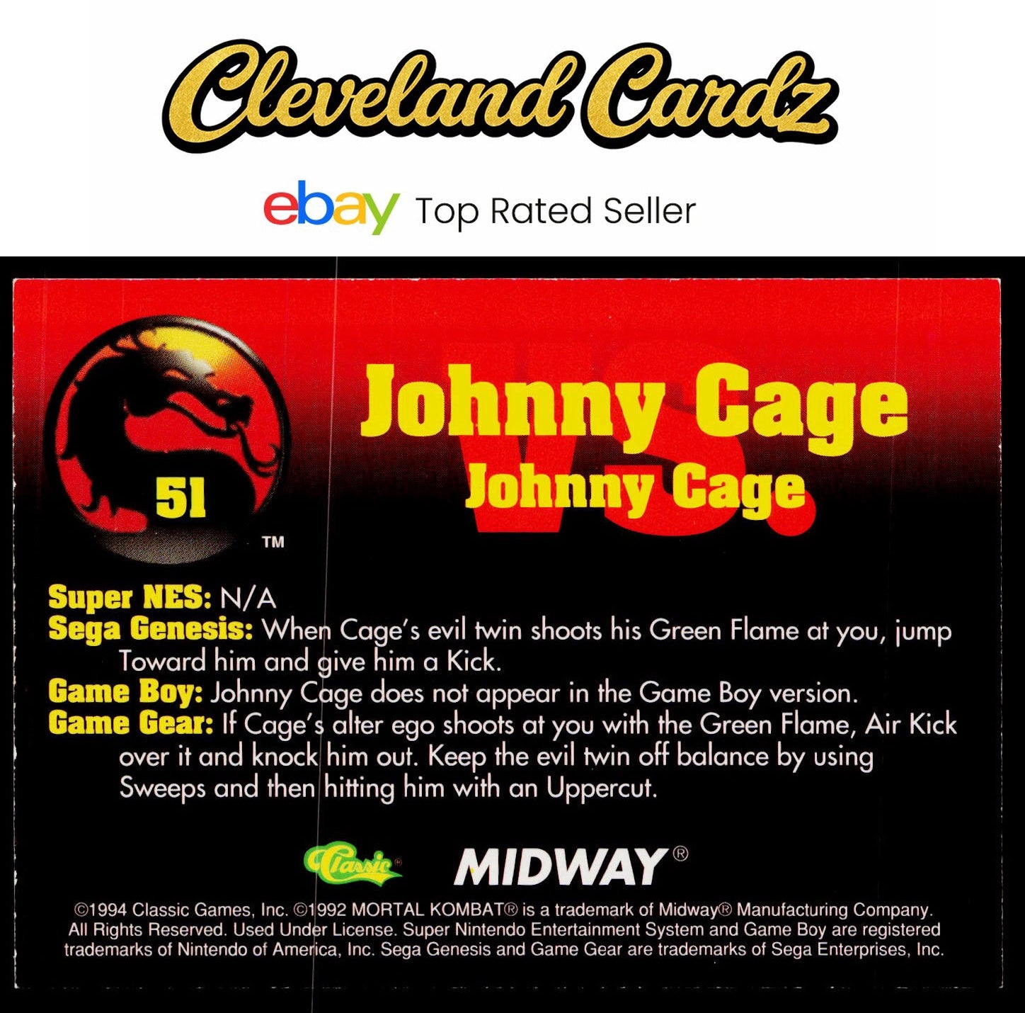 1994 Classic Mortal Kombat Series 1 #51 Johnny Cage vs. Johnny Cage VG+
