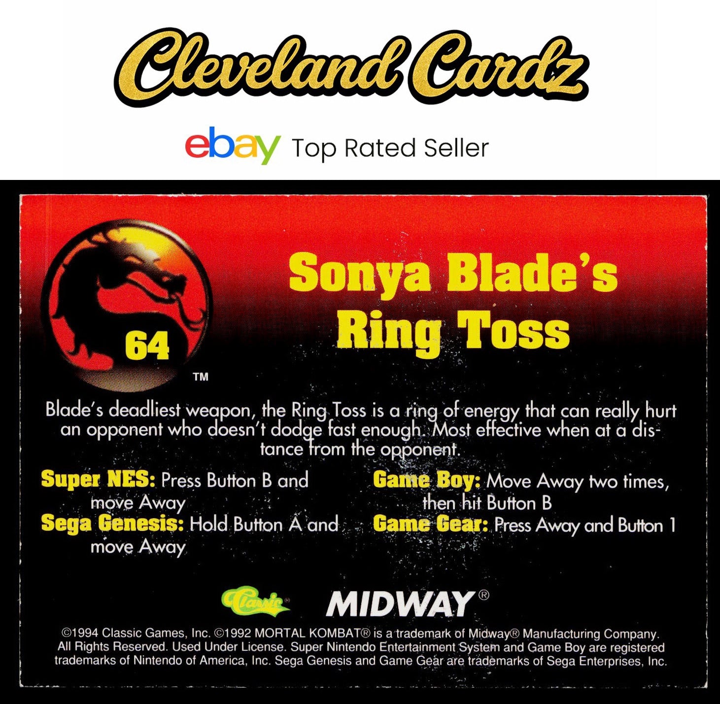 1994 Classic Mortal Kombat Series 1 #64 Sonya Blade's Ring Toss VG+