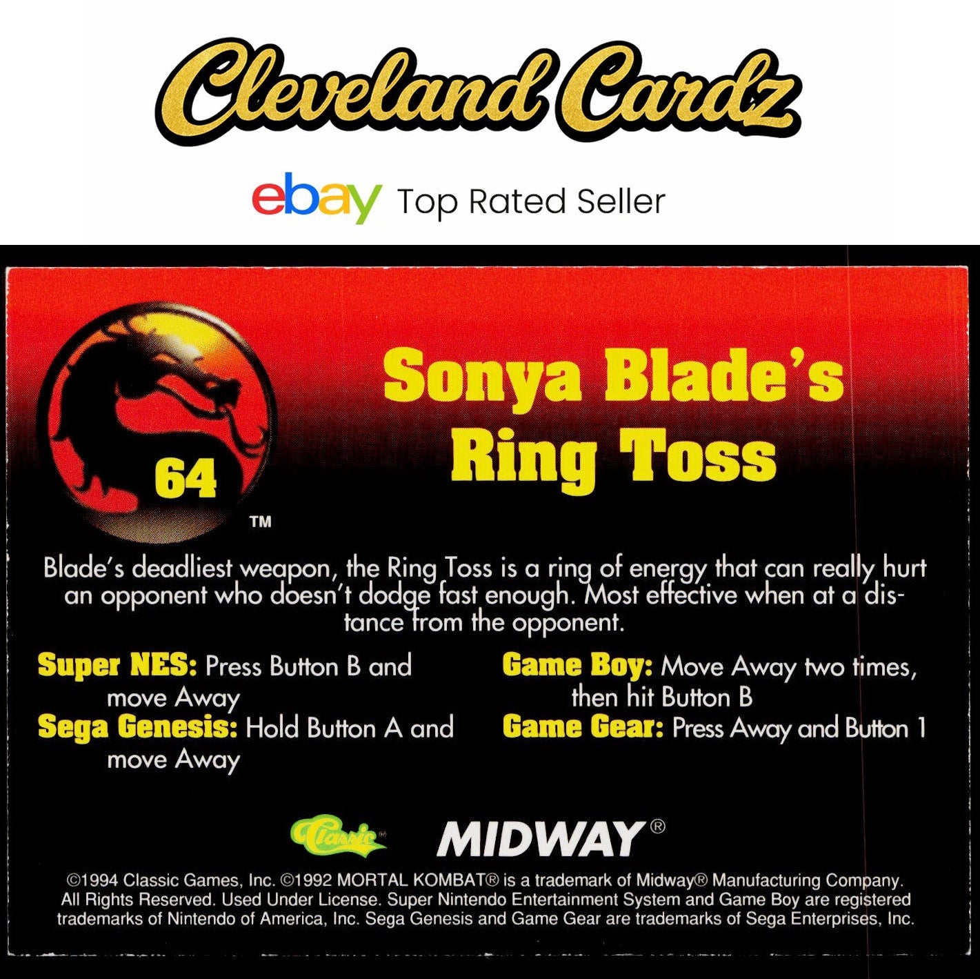 1994 Classic Mortal Kombat Series 1 #64 Sonya Blade's Ring Toss VG+
