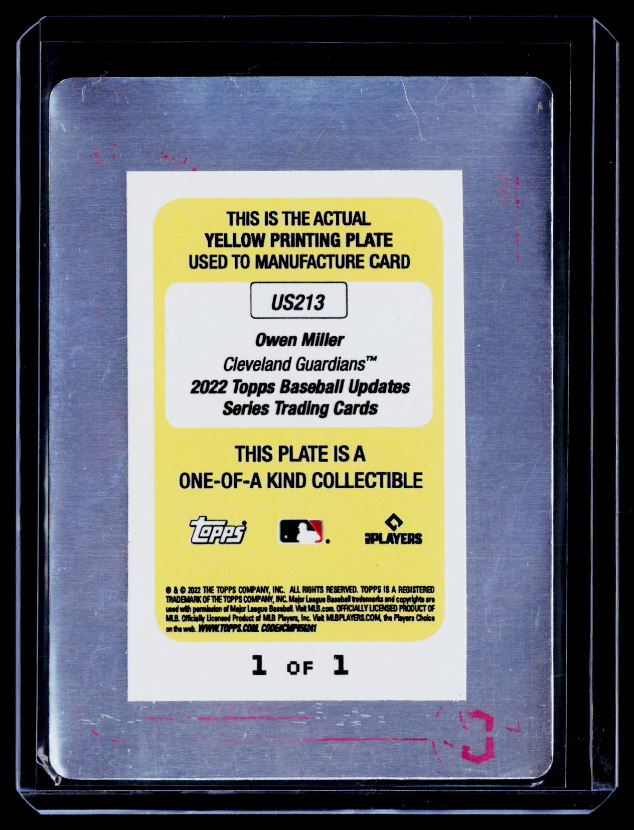 2022 Topps Baseball Updates Series #US213 Owen Miller Yellow Printing Plate #/1
