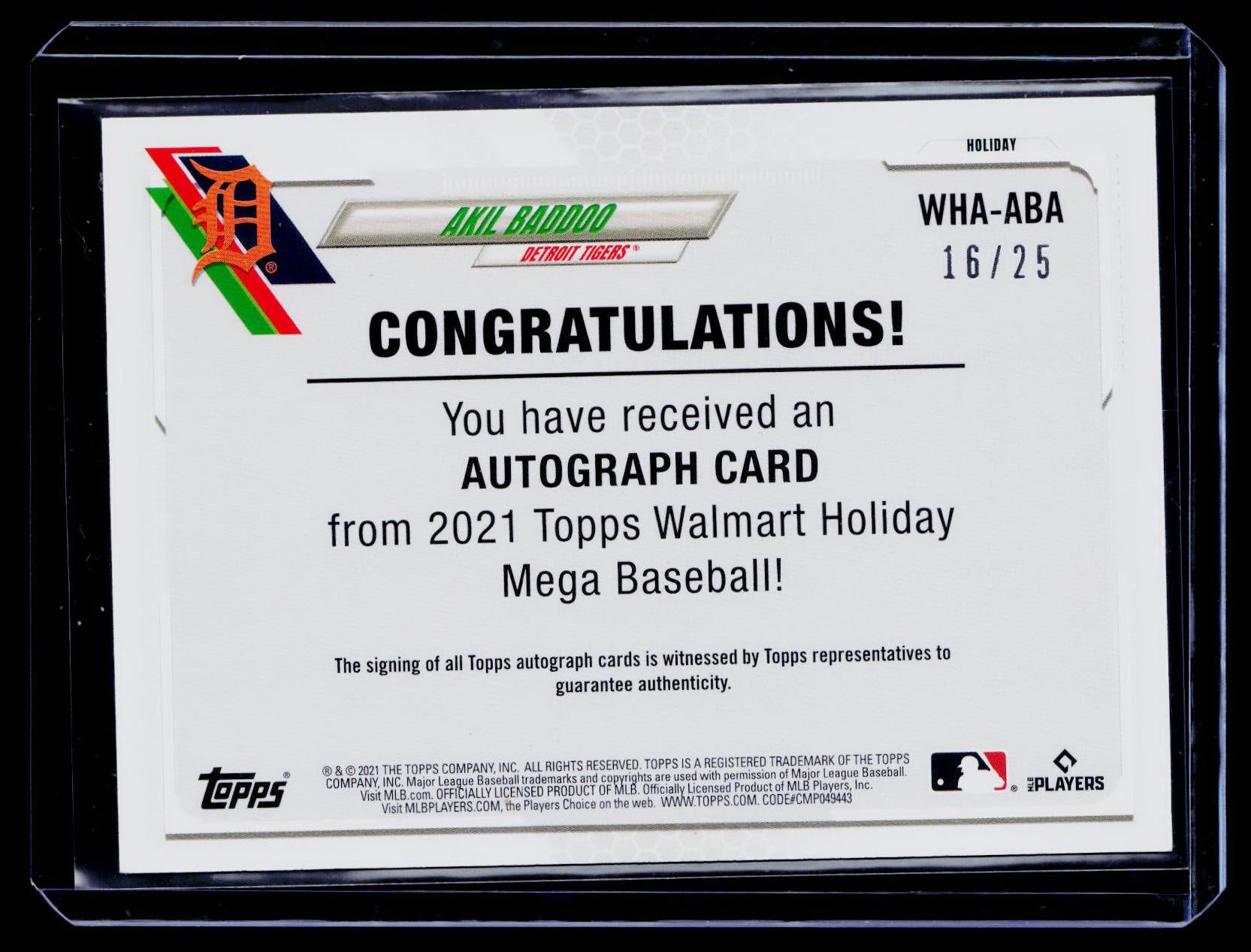 2021 Topps Holiday #WHA-ABA Akil Baddoo Autographs Red Metallic #/25 RC