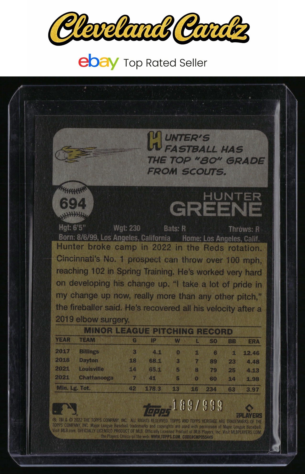 2022 Topps Heritage #694 Hunter Greene Chrome #/999 RC