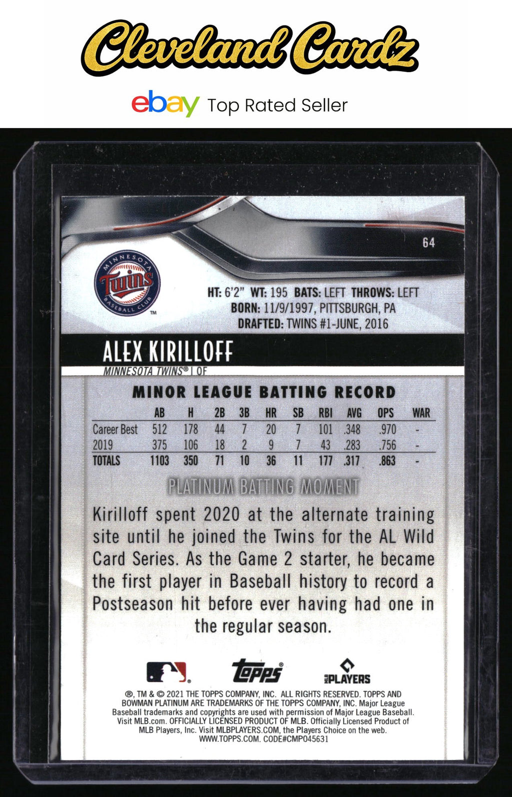 2021 Bowman Platinum #64 Alex Kirilloff Aqua Ice Foilboard #/250 RC