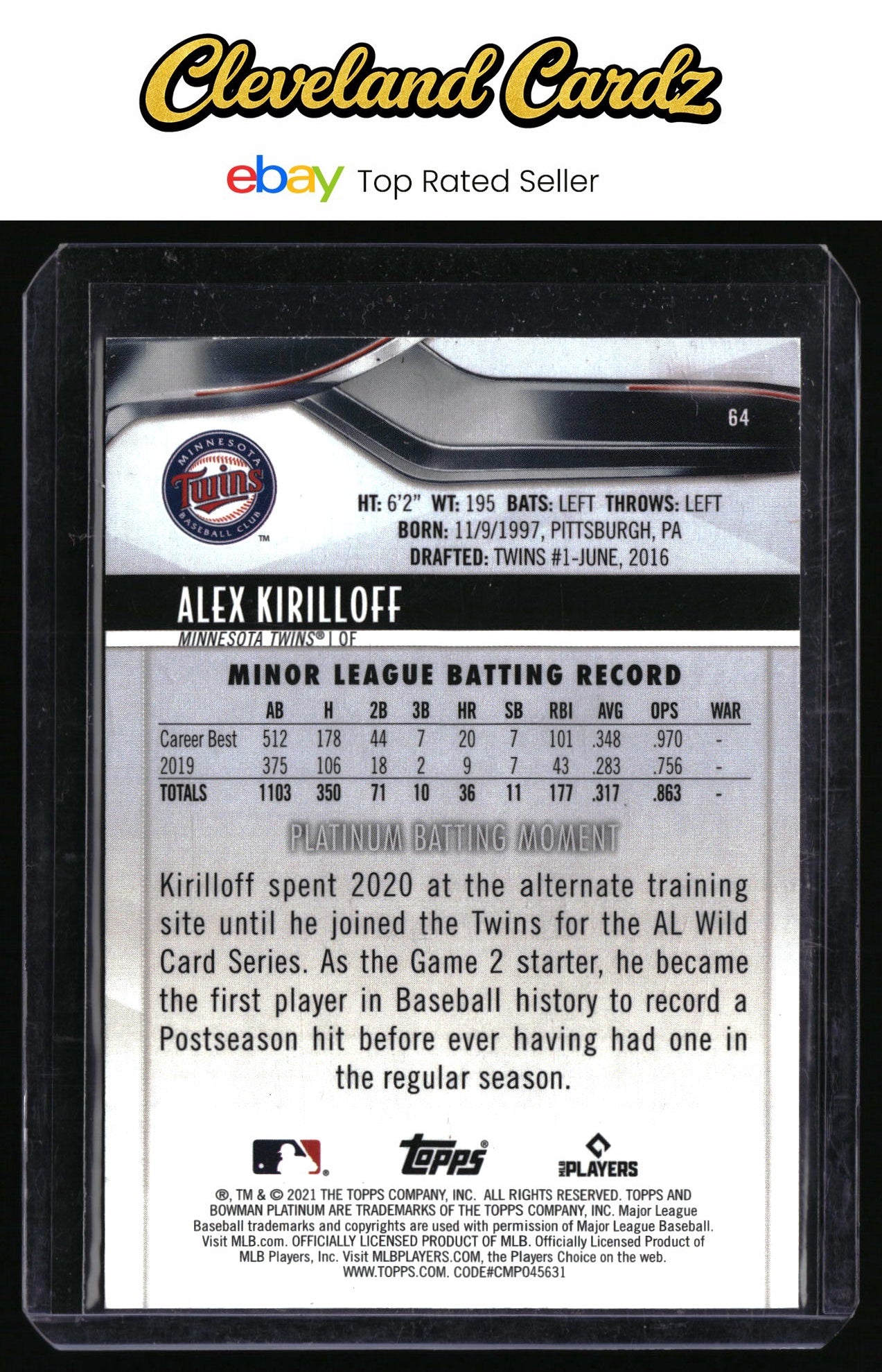 2021 Bowman Platinum #64 Alex Kirilloff Aqua Ice Foilboard #/250 RC