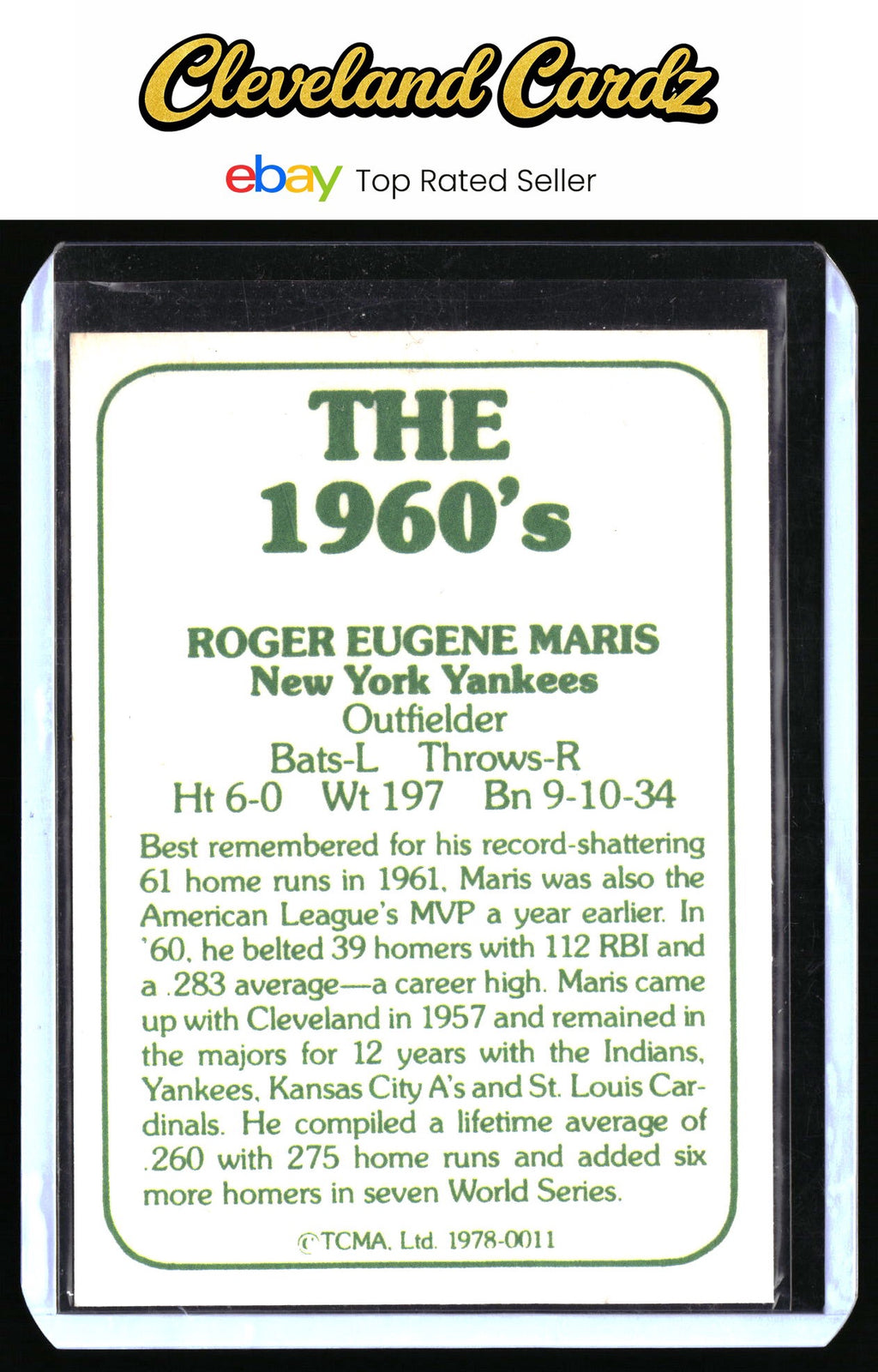 1987 TCMA Collectors Kits Reprints #1978-0011a Roger Maris : Black text on back