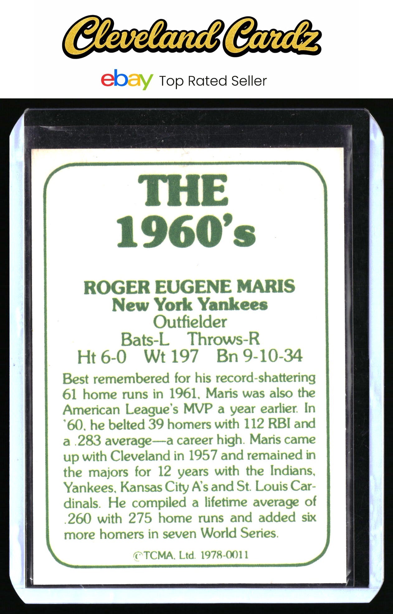 1987 TCMA Collectors Kits Reprints #1978-0011a Roger Maris : Black text on back