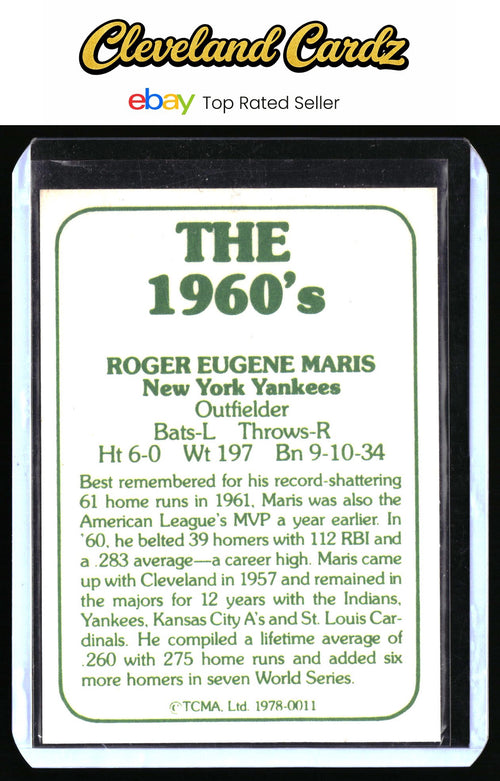 1987 TCMA Collectors Kits Reprints #1978-0011a Roger Maris : Black text on back