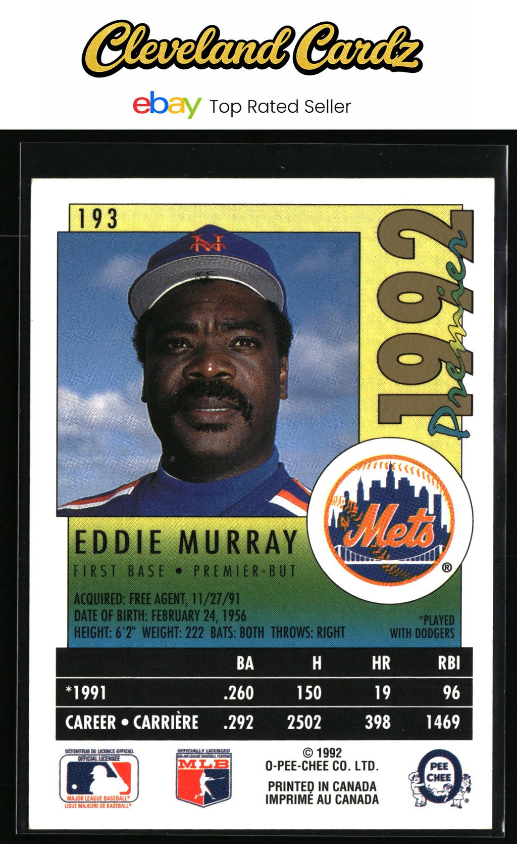 1992 O-Pee-Chee Premier #193 Eddie Murray