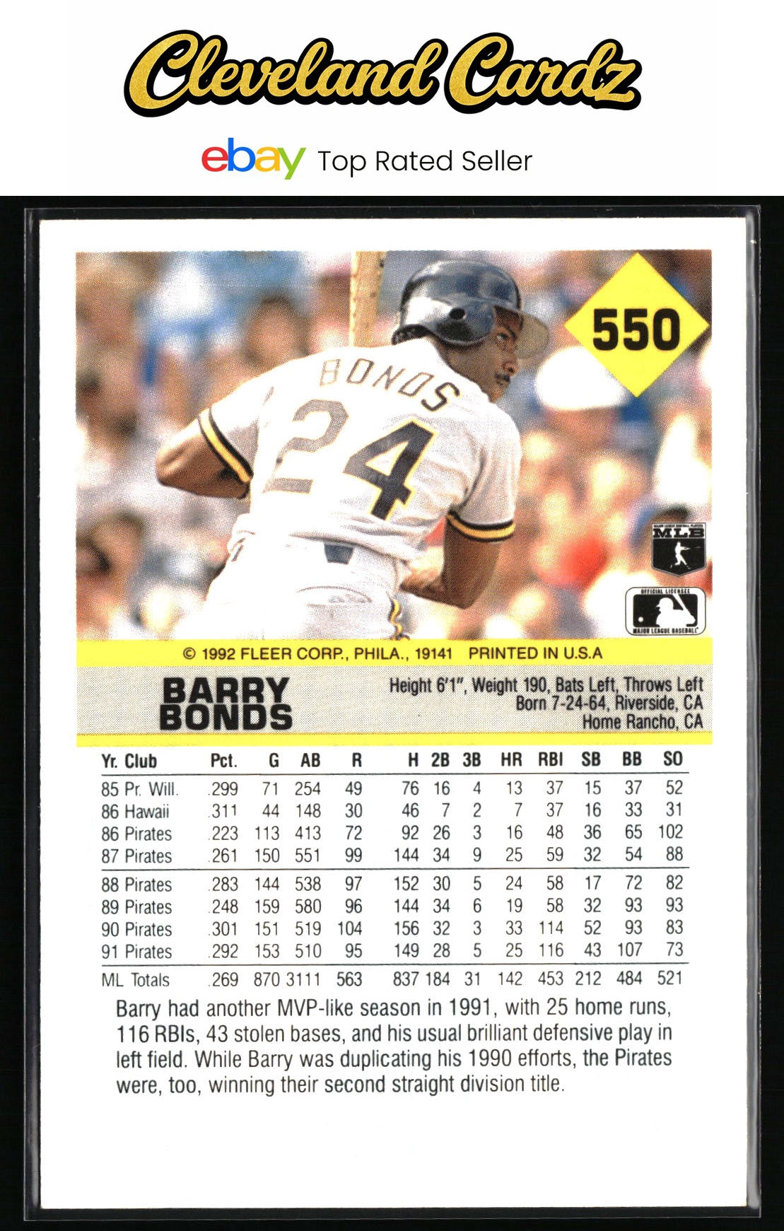 1992 Fleer #550 Barry Bonds