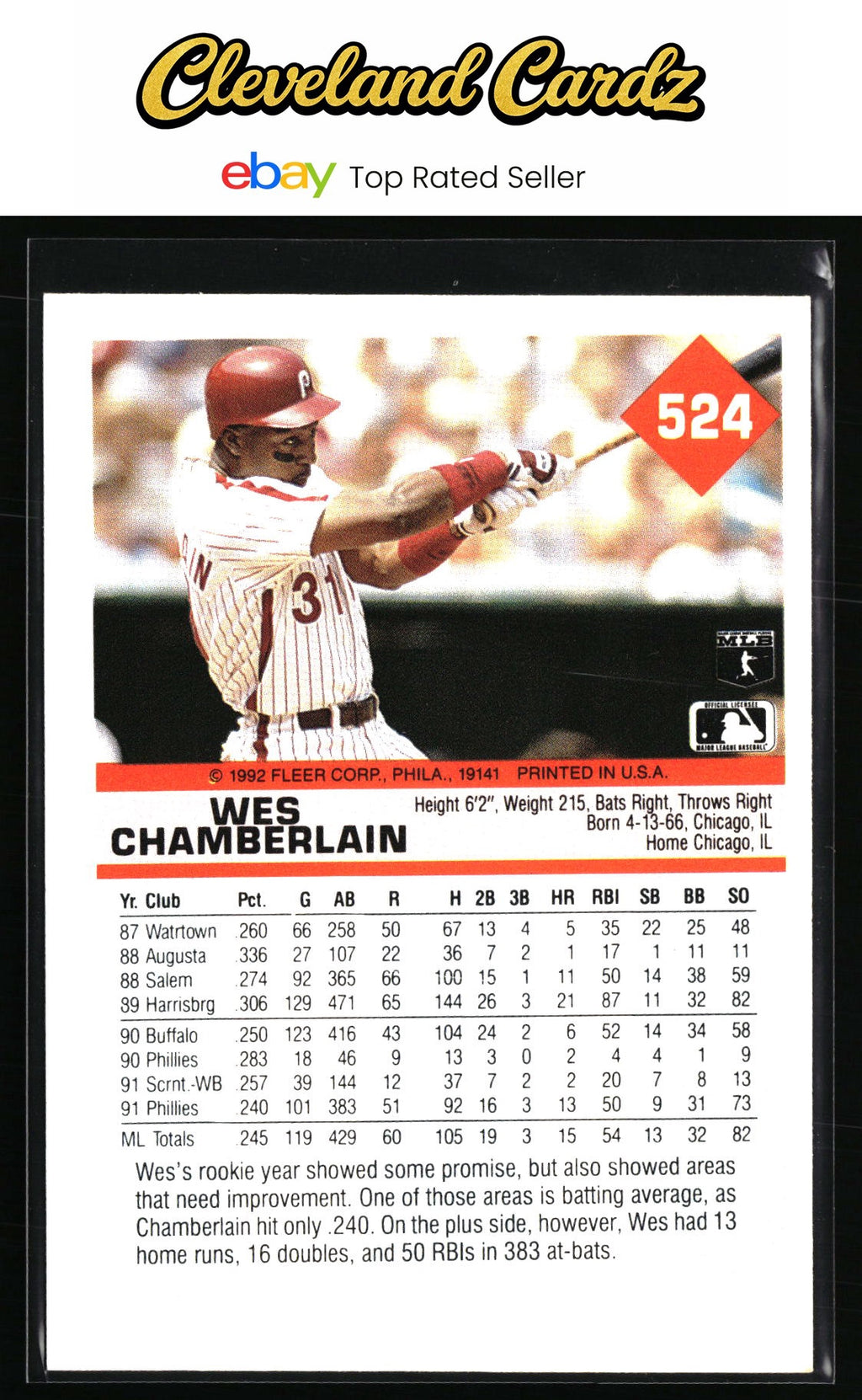 1992 Fleer #524 Wes Chamberlain