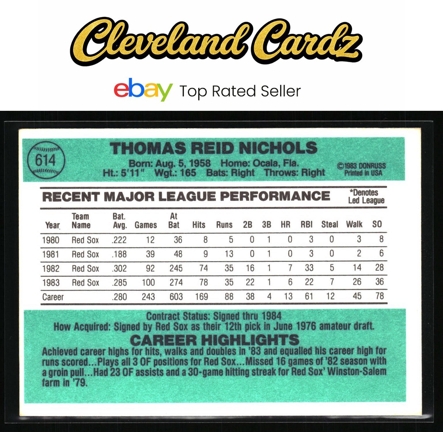 1984 Donruss #614 Reid Nichols