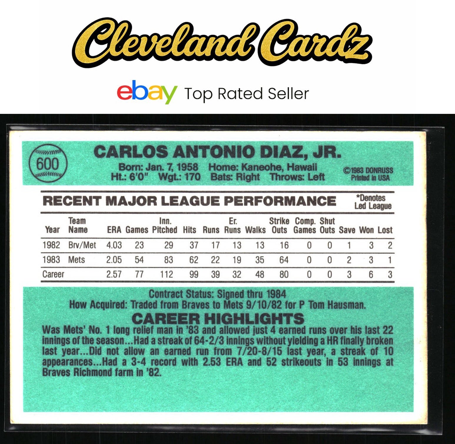 1984 Donruss #600 Carlos Diaz