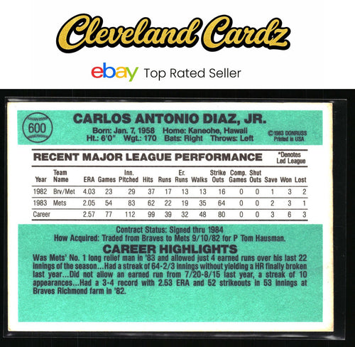 1984 Donruss #600 Carlos Diaz