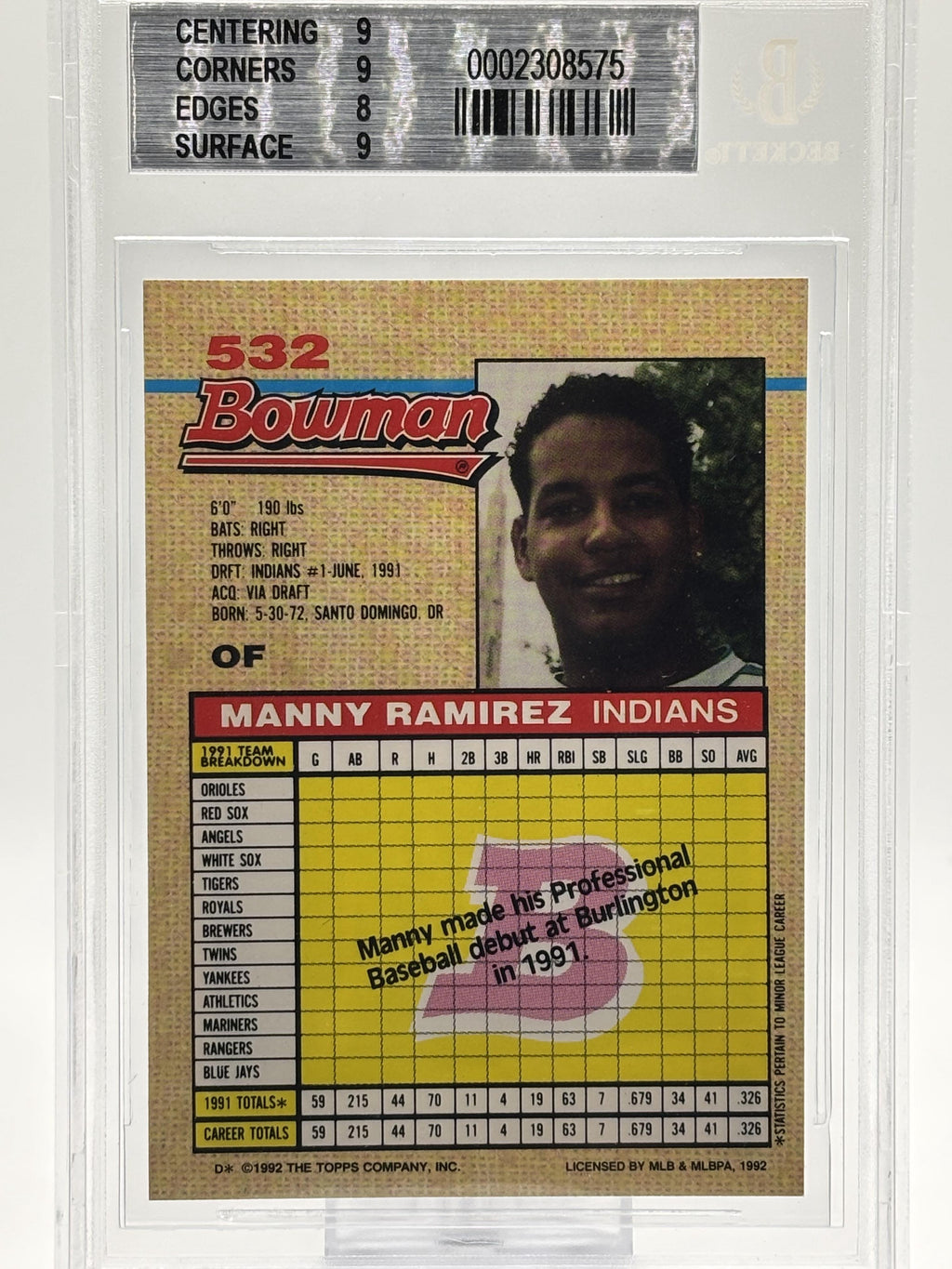 1992 Bowman #532 Manny Ramirez Rookie Card BGS 8.5